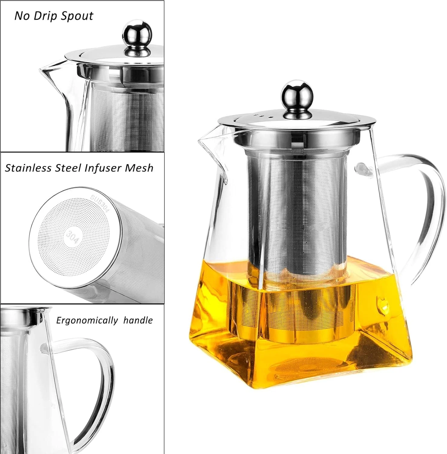 Top Seller 350ml 500ml 750ml high Borosilicate square glass teapot With removable infuser