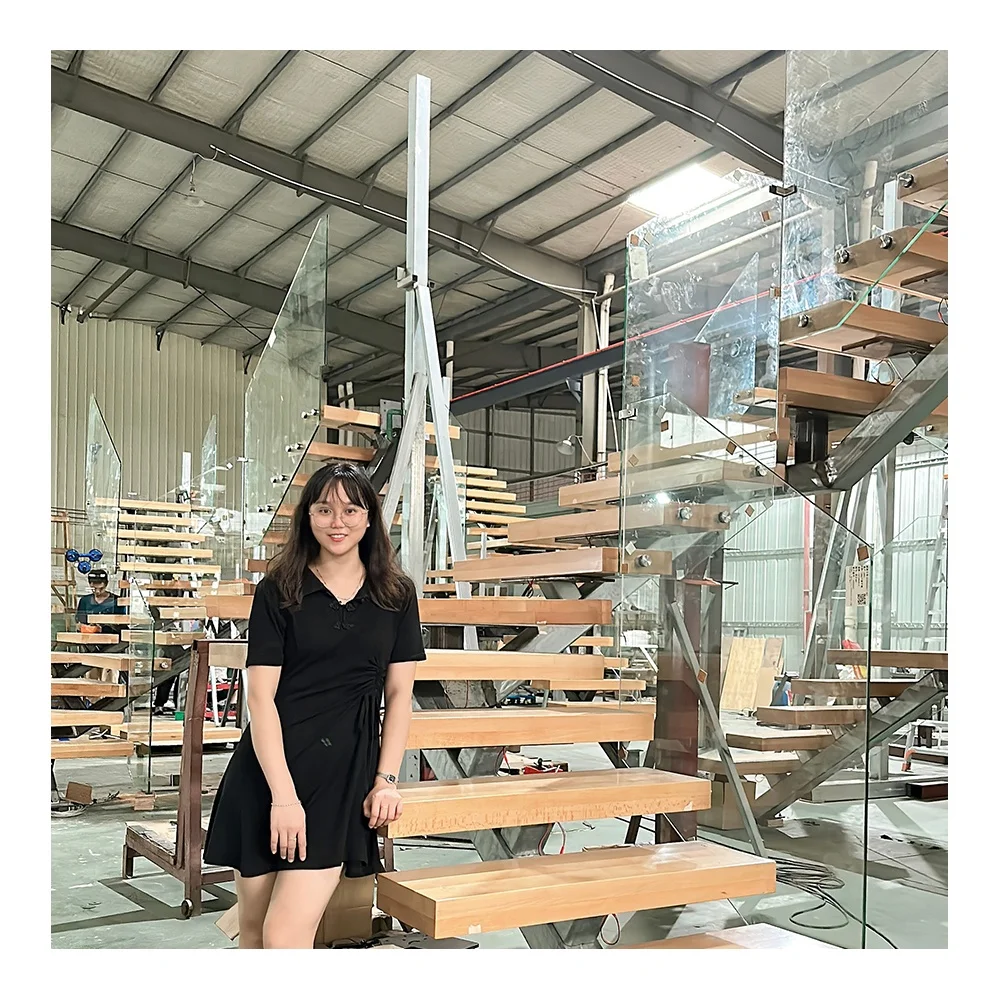 Factory Direct Second Floor Metal Railing Mono Stringer Staircase Handrail Solid Wood Tread Step Lights Indoor Stair