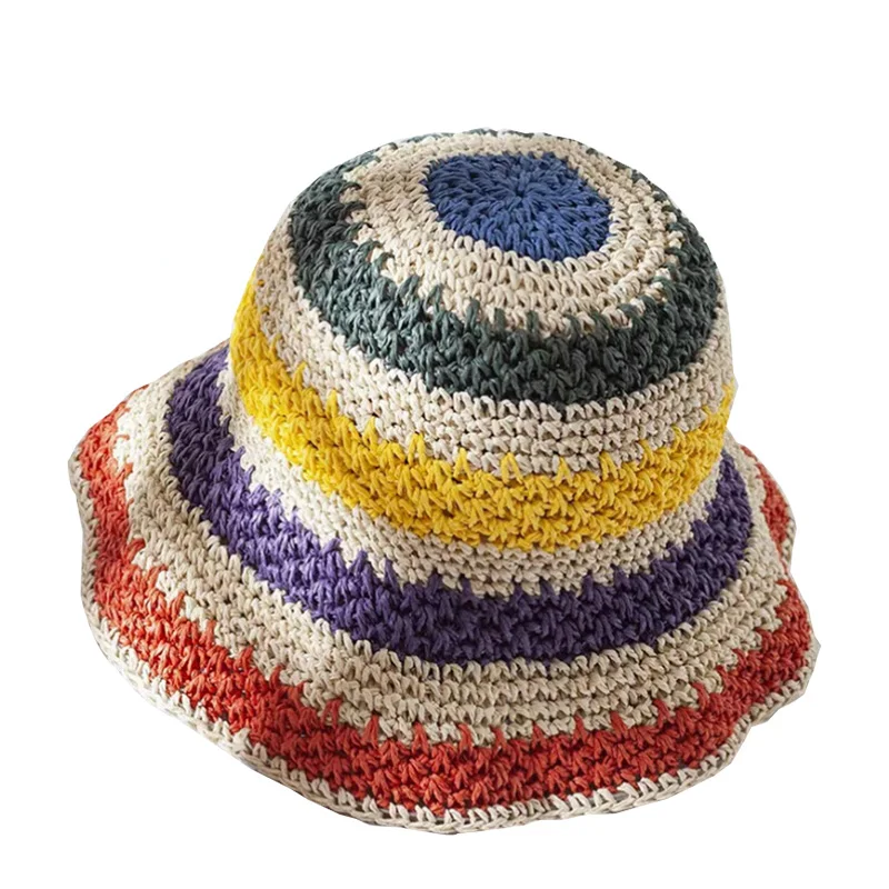 Foldable Wide Brim Colorful Crochet Straw Hat Summer Holiday Vacation Crochet Bucket Hat