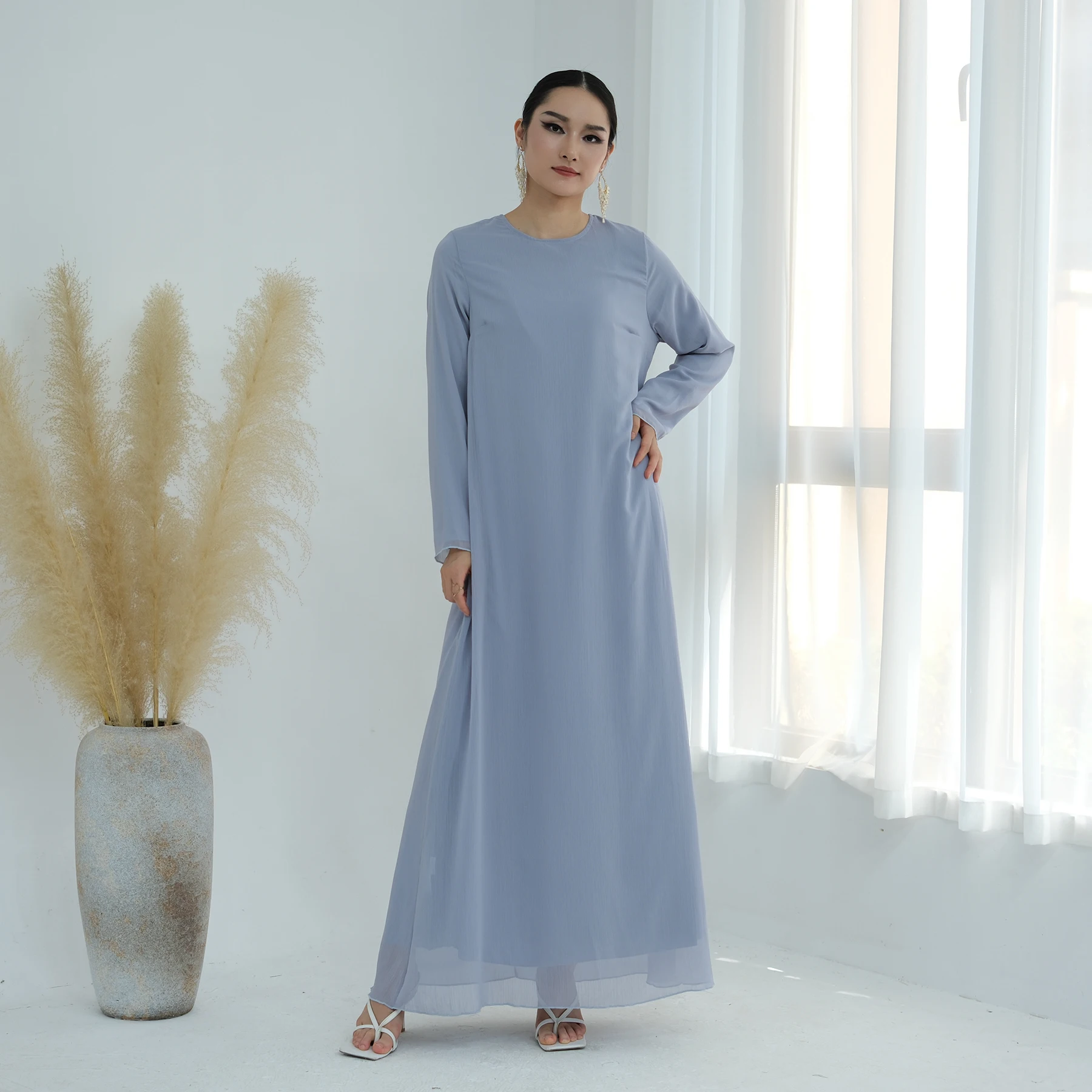 Wholesale Loriya Womens Dresses Islamic Clothing Solid Color Chiffon 2 Piece Abaya Set Long Sleeve Dress and Front Open Abaya