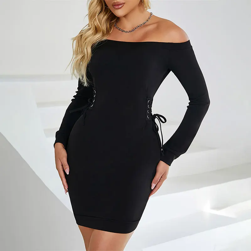 Women Elegant Banquet Long Sleeve Balloon Evening Dress robe moulante Ladies Off Shoulder Drawstring Bodycon Dress