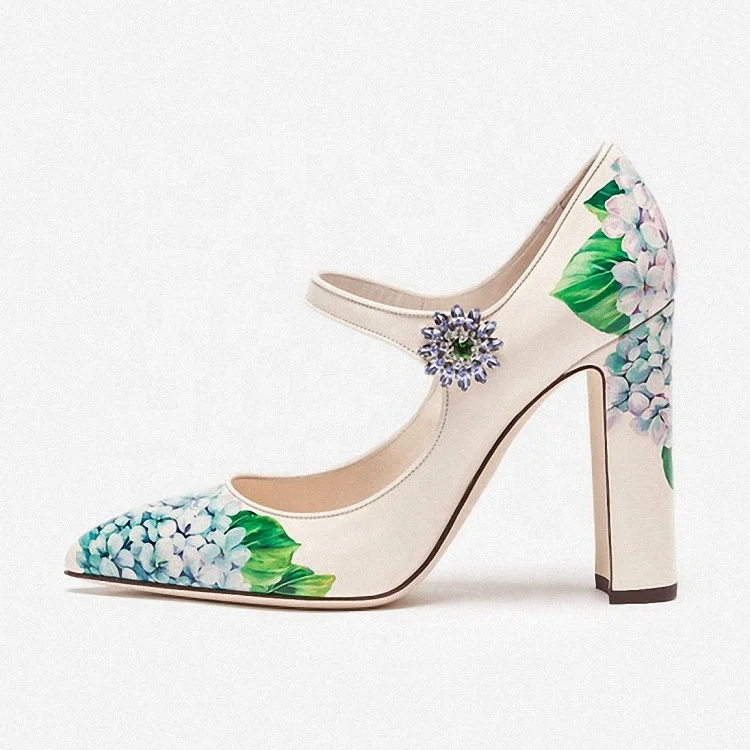 Latest Pump 2020 Women 3D Printing Flower and Rhinestone Chunky Heel Shoes