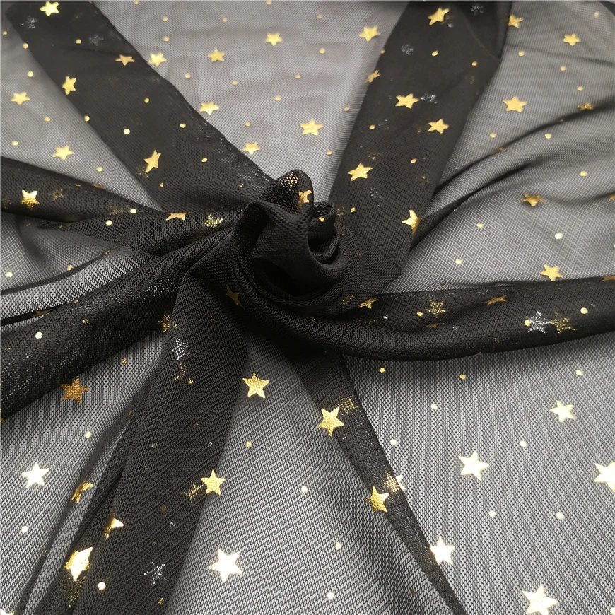 New Fashion High Quality Stamping Golden Star Foil Fabric Stretchy Black Mesh Fabrics Punching Sequin Tulle Cloth