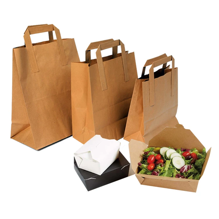 Custom Made Eco Friendly Biodegradable Flat Paper Handles Brown Takeaway Fast Food Kraft Paper Bag For Restaurant Packaging