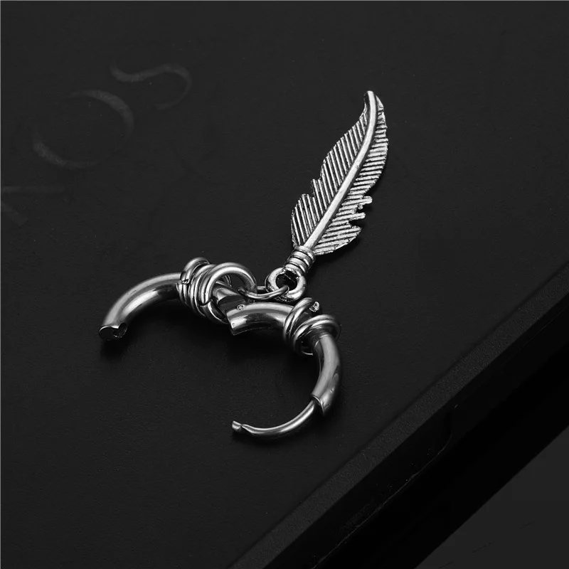 Punk Vintage Fashion Rock Style High Quality Stainless Steel Hip Hop Feather Stud Earrings For Men