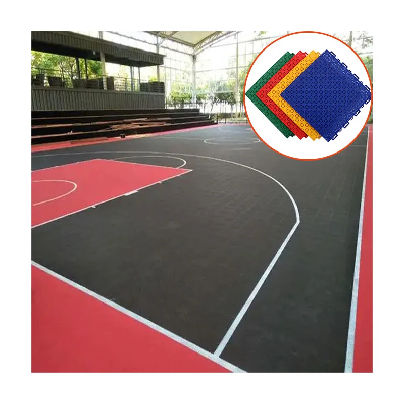 Premium PP Modular interlocking plastic floor tiles for basketball pickelball court flooring black red