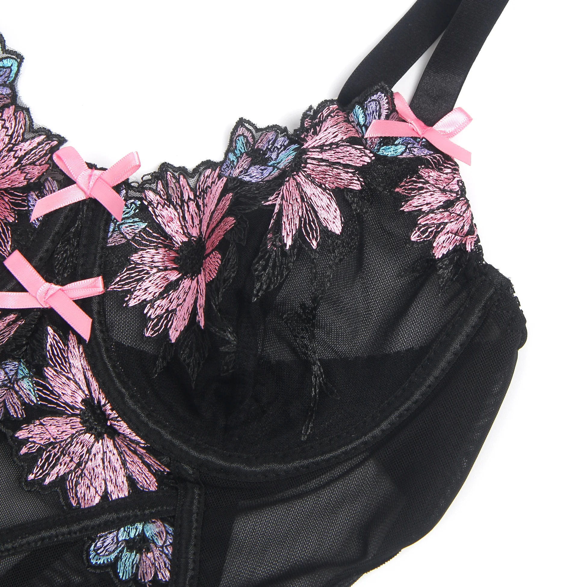 Black Sexy Mesh Floral Embroidery Lift Bra Suspender Costume Ladies Flirting Nightdress Sleepwear Sex Lingerie