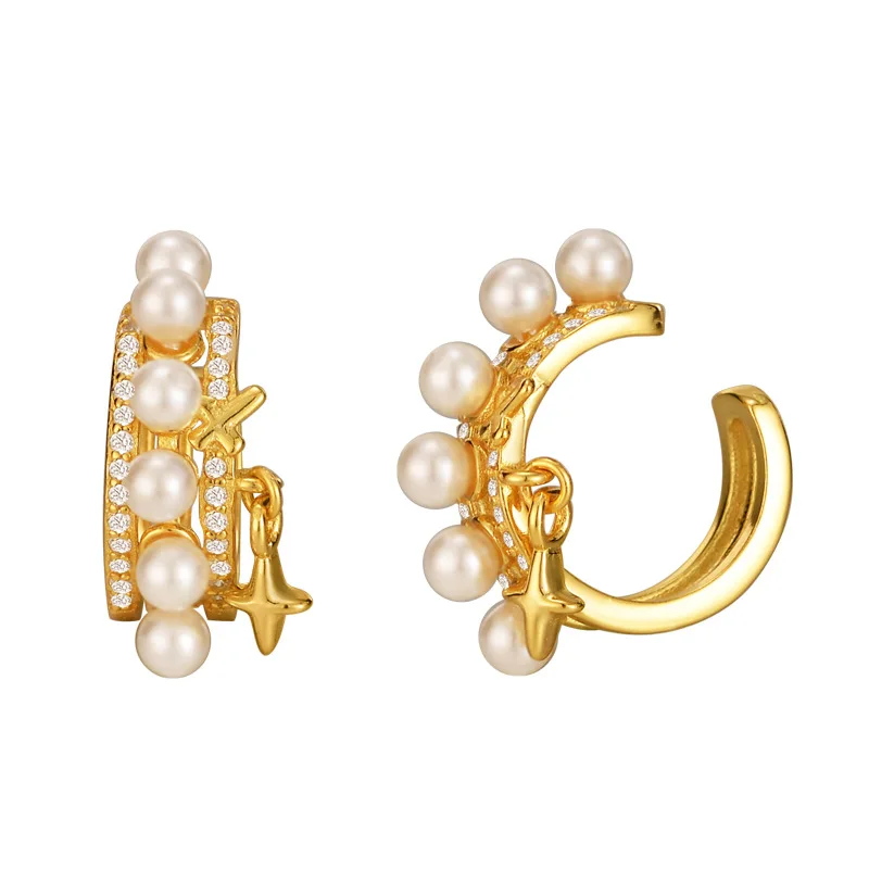 E5261 New Chinese ethnic minority S925 sterling silver shell pearl ear clip female without ear piercing National texture ear