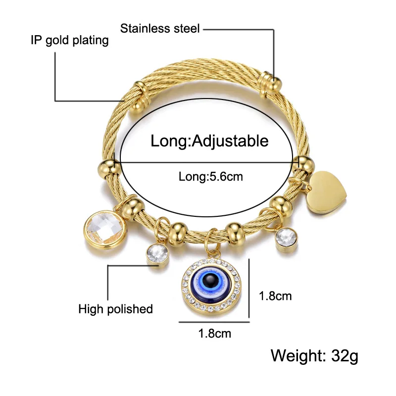 2023 Fashion Stainless Steel Gold Plated Lucky Turkey Blue Eye Wire Bracelet Femme Jewelry Lover Heart Evil Eyes Bracelet