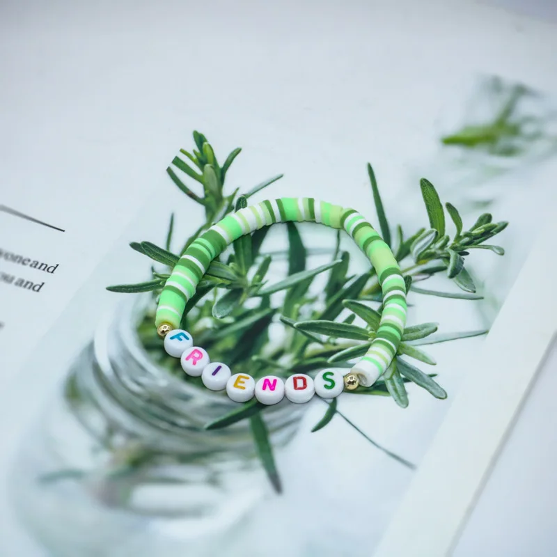 custom Boho polymer clay beads motivational Love Blessed name words stretch Initials bracelet for women