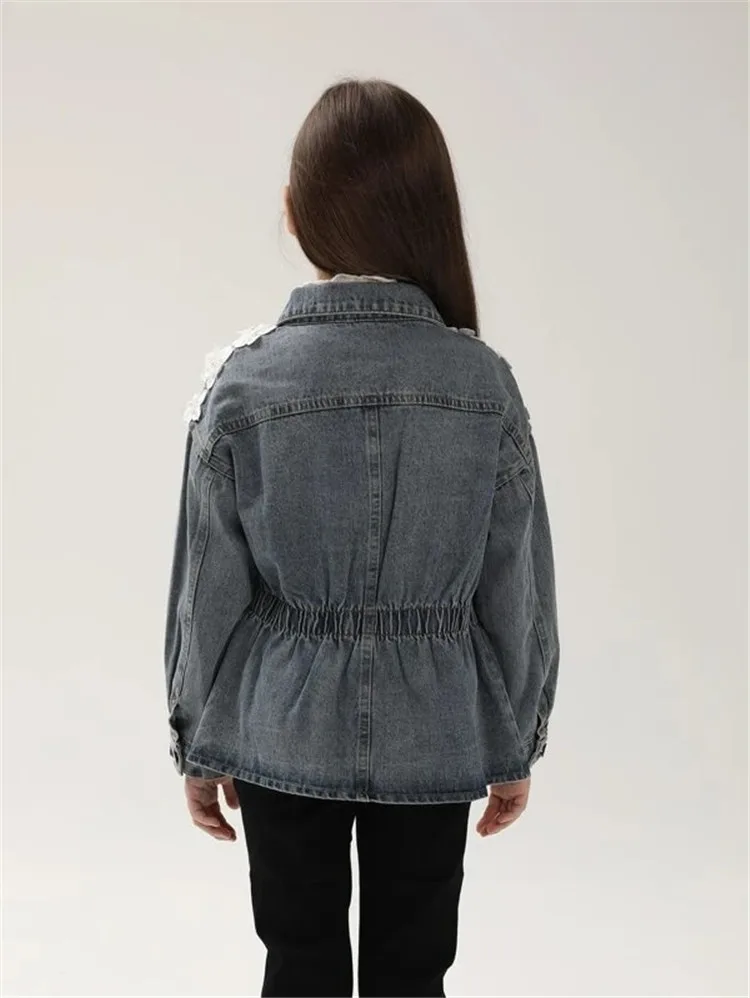 2022 Customized Girls Jackets Fashion Applique Rhinestone Tassel Trim Drop Shoulder Denim Jacket Girls Casual Jackets
