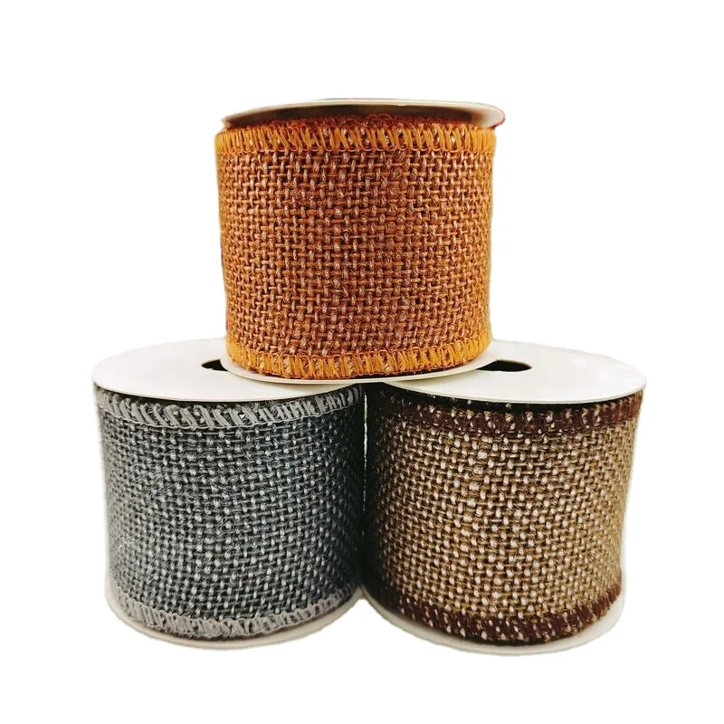HL521048-050 Wholesale Orange Coffee Grey Color Navidad de Cinta Linen Wired Nature Jute Burlap Ribbon