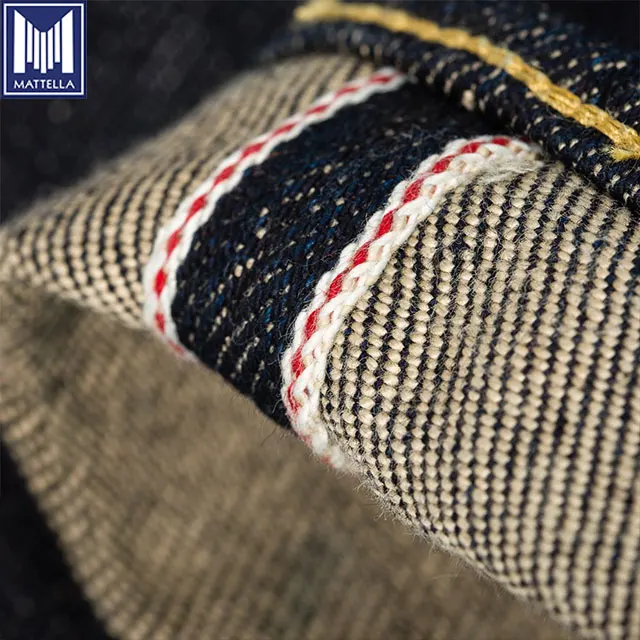 customized style indigo 21oz selvedge denim slim tapered made from gold metallic denim fabric specification