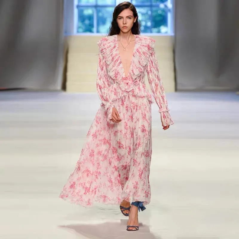 Spring and Summer Fashion Design Model Style Temperament Printed Ruffled Pleated Elegant Fairy Holiday Long Dress