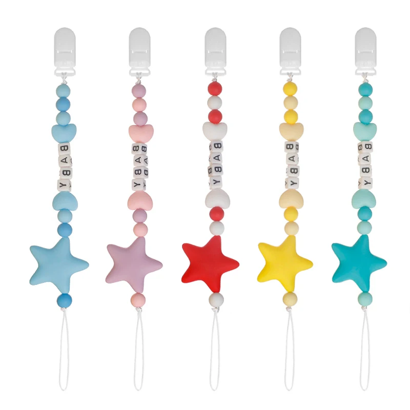 Cute Cartoon Heart-Shaped Anti-Drop Lanyard Beaded Tether with Adjustable Bite Silica Gel Baby Pacifier Clip