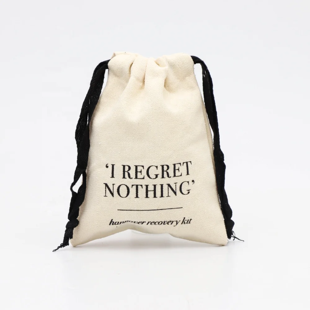 Eco-friendly Nature Canvas Cotton Drawstring Bag Packaging with Black Printing Customized Rope Handled