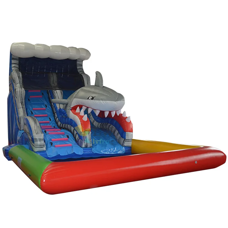Commercial giant shark inflatable water slide with pool for sale