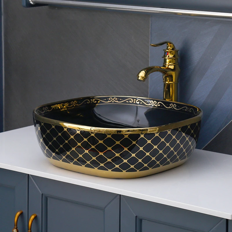 Luxury Royal Vintage Colour Washbasin Countertop Ceramic Toilet Art Basin Bathroom Sink Gold and Black Hand Wash for
