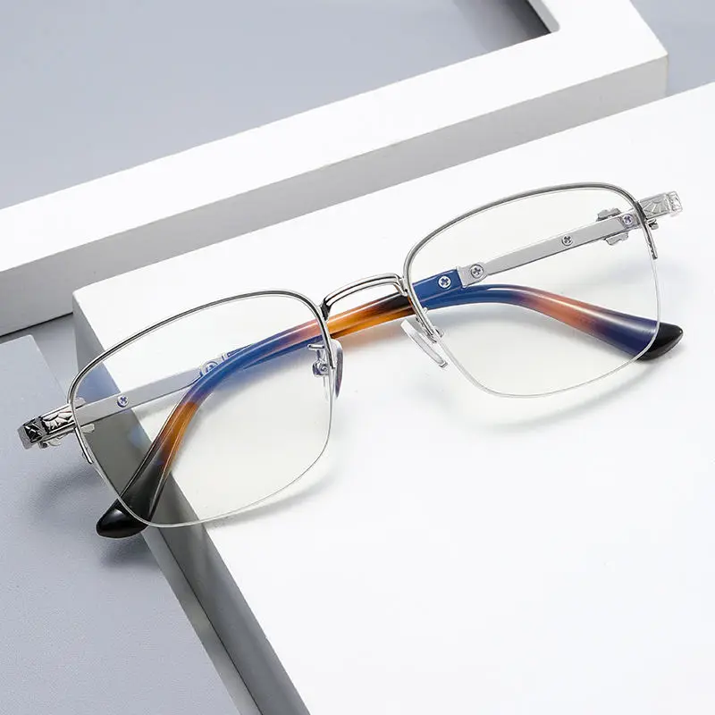Eugenia 2022 Factory wholesale Classic Ladies Blue Light Blocking Half Frame Silver Oval Face Metal Reading Glasses