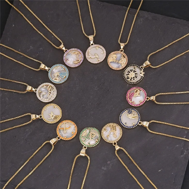 Fashion Jewelry 18k Gold Plated 12 Con-stellation Round Charm Women Colorful Zircon Shell Brass Zodiac Pendant Necklaces