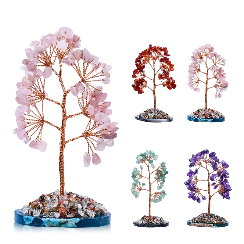 Custom High Quality Natural Crystal Stone Decoration Tree Rose Quartz Amethyst Gemstone Tree Wholesale Agate Base Jade Tree