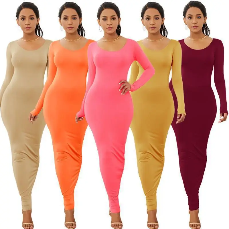 Casual women Clothing Cotton Fall Winter autumn Solid Color Pencil Maxi Dress Long Sleeve elegan Party Casual bodycon