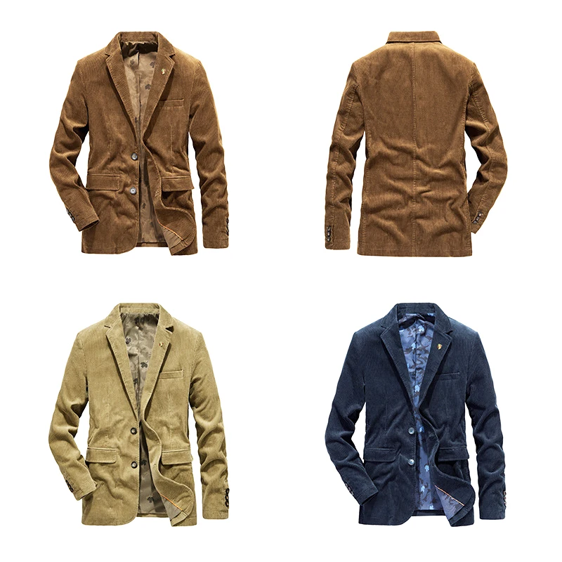 2021 Fashion Autumn Winter Blazer Men Cotton Corduroy Suit Jacket High Quality Stylish V-Neck Full Sleeve Casual Suit Jacket Men