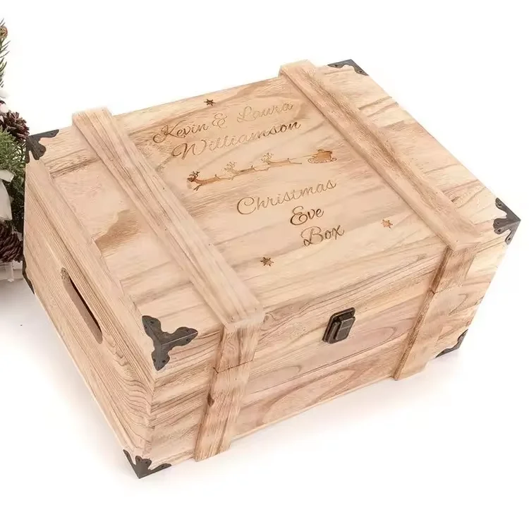 Engraved Christmas Eve Gift Storage Organizer Large Antique Wooden Treasure Chest Box For Keepsake