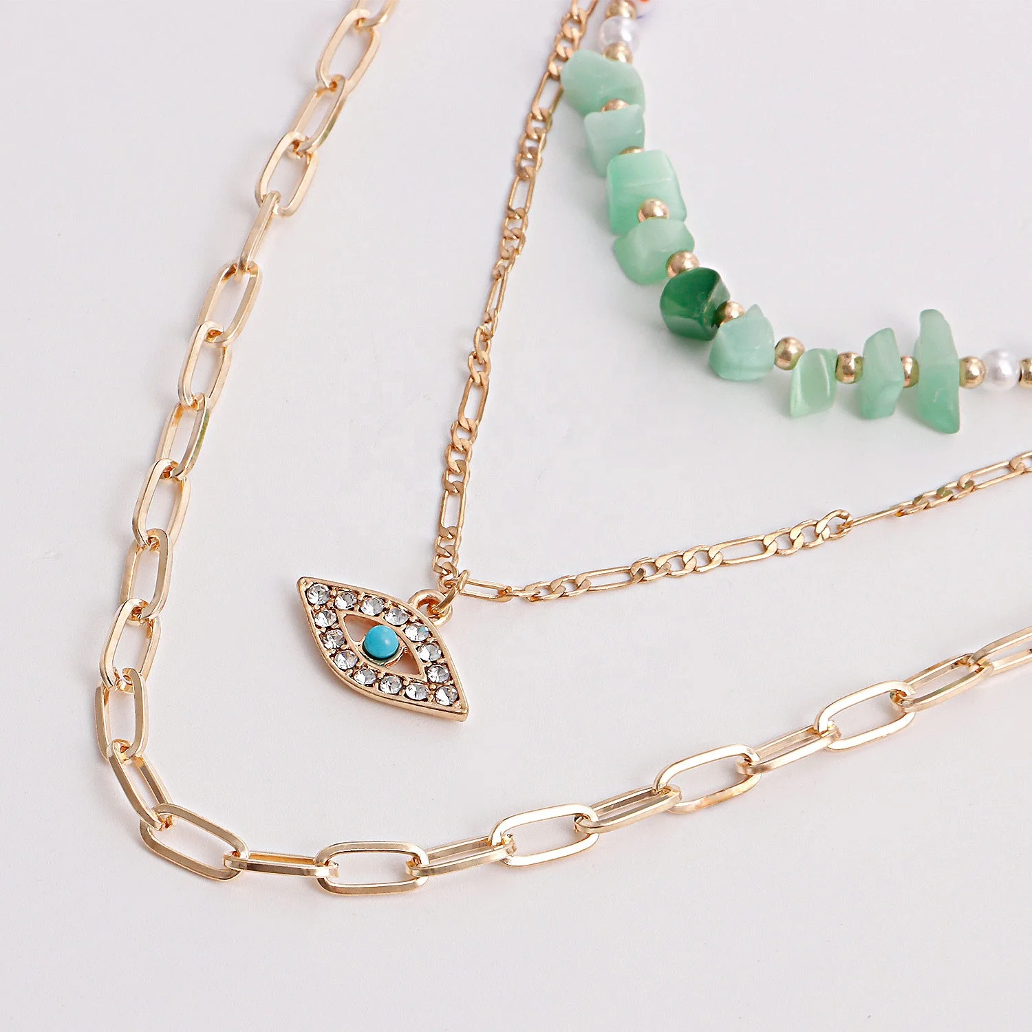 Hot Selling Multi-layer Necklace Rice Beads Turquois Choker Rhinestone Turkish Eyes Pendant Necklace Women Fashion Jewelry