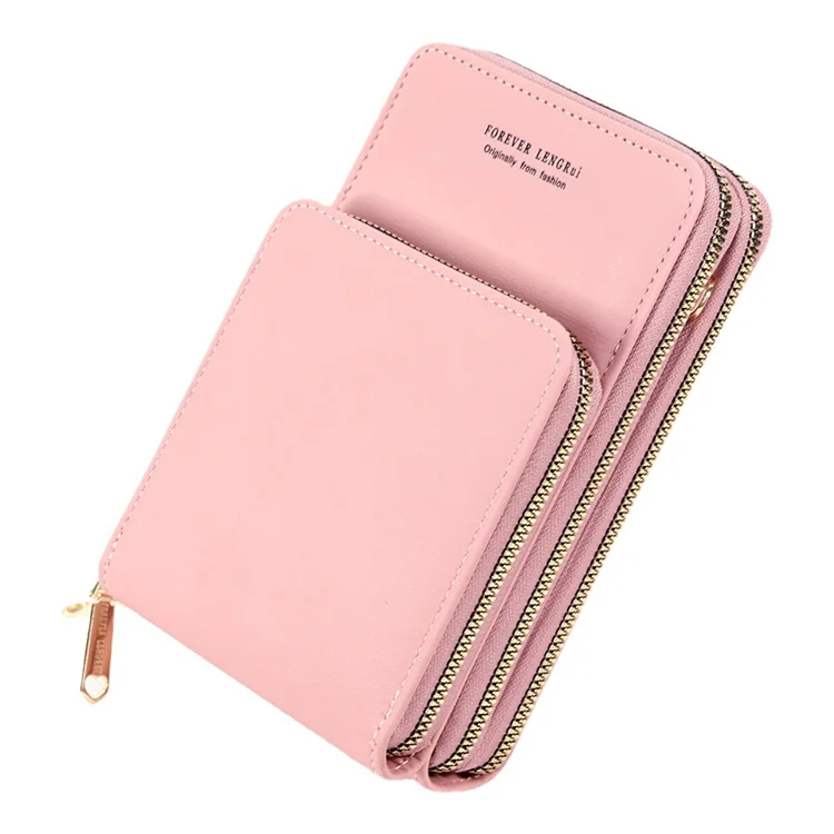 Custom LOGO waterproof women crossbody cell phone bag with strap touchscreen pink shoulder leather wallet for girl