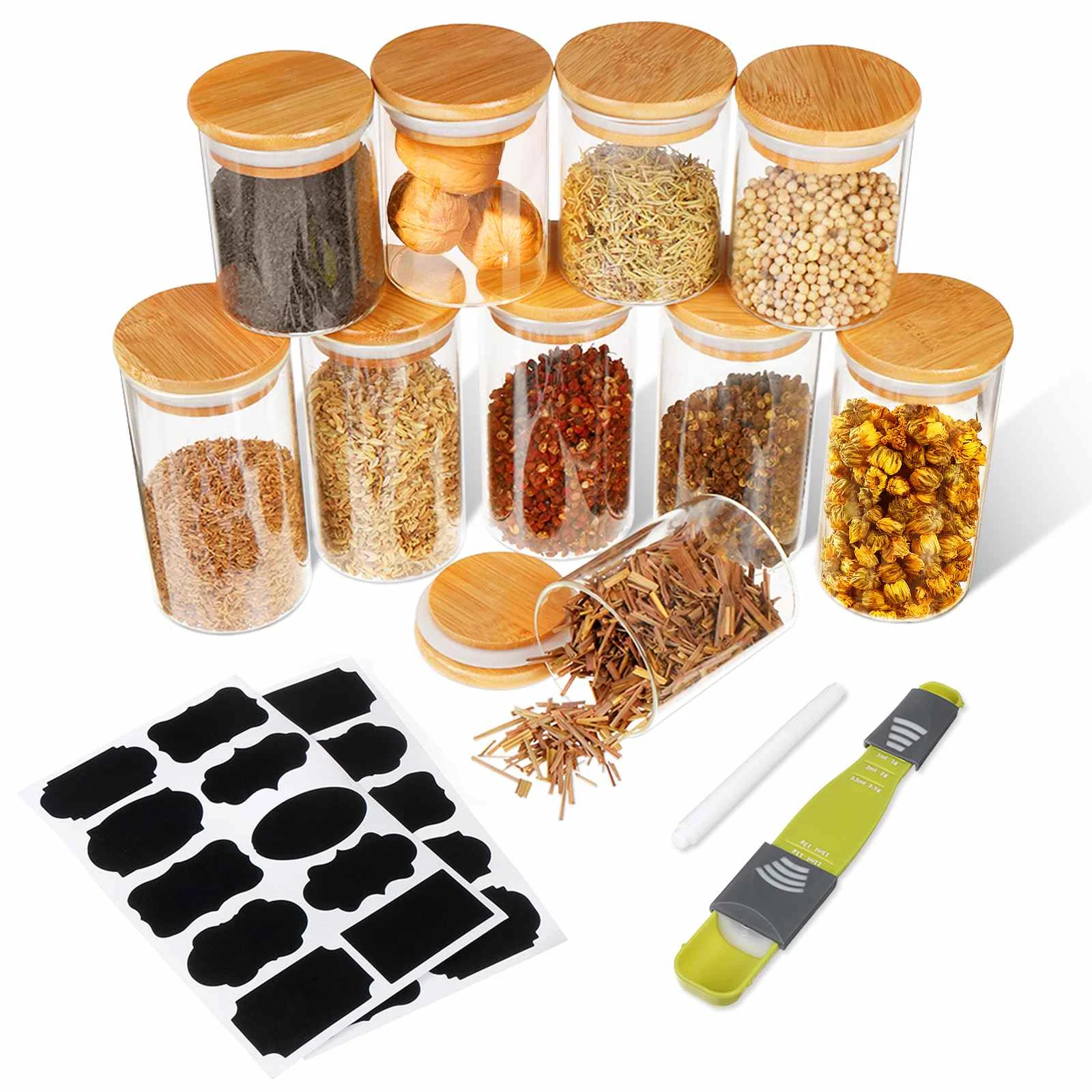 10Pcs/Set Kitchen Spice Jar Set Glass Sealed Spice Jars With Bamboo Lids Set For Coffee Beans Grains