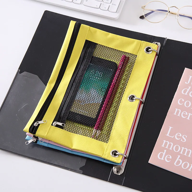 
3-Ring Pencil Pouch Binder Stationery Bag 3 Ring Binder Zipper Pencil Pouch with PVC Mesh Window 