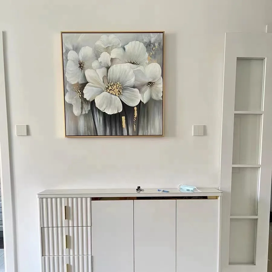 Popular Hot Sale OEM Gold Floral Modern Canvas Painting White Flower Art Picture Hand painted Abstract Oil Painting