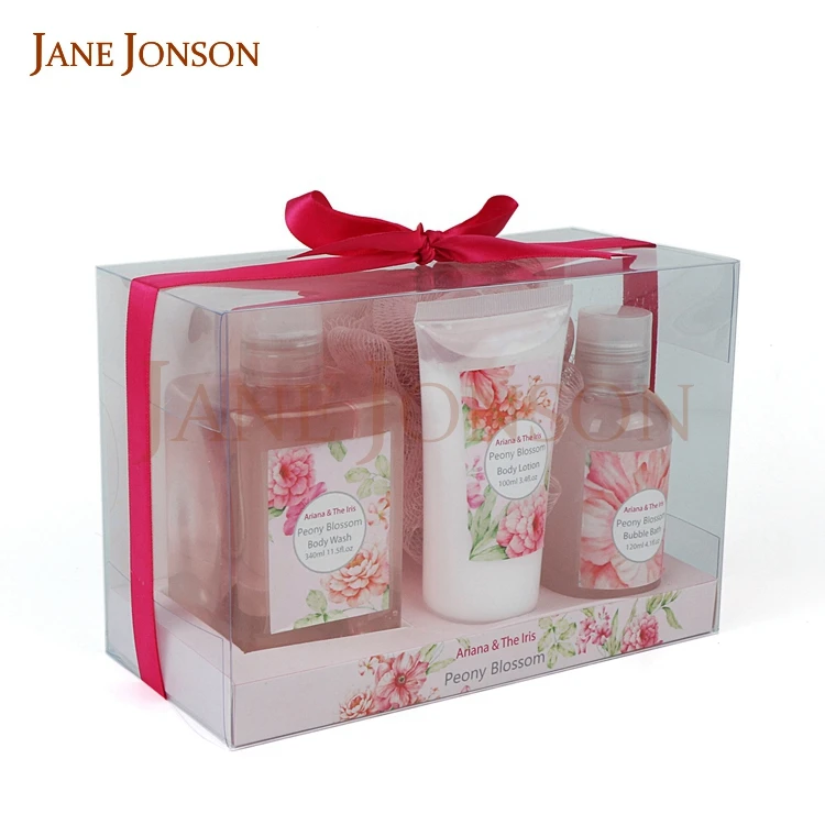 Private label shower gel body lotion gift set beauty bath with bath puff wholesale