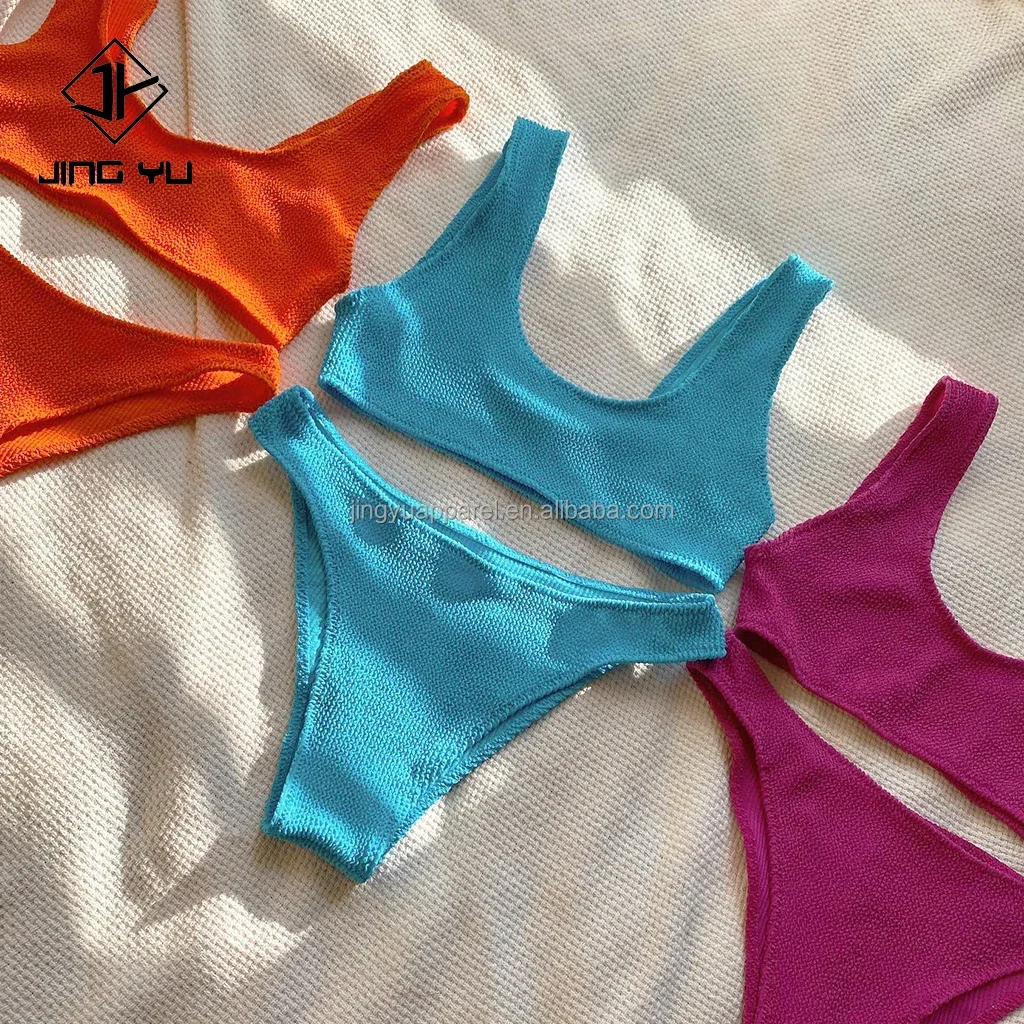 2024 Famous Brands Textured Stretchy Bandeau Bikini Custom Logo Swimwear Women Crinkle Rib Fabric Bikini