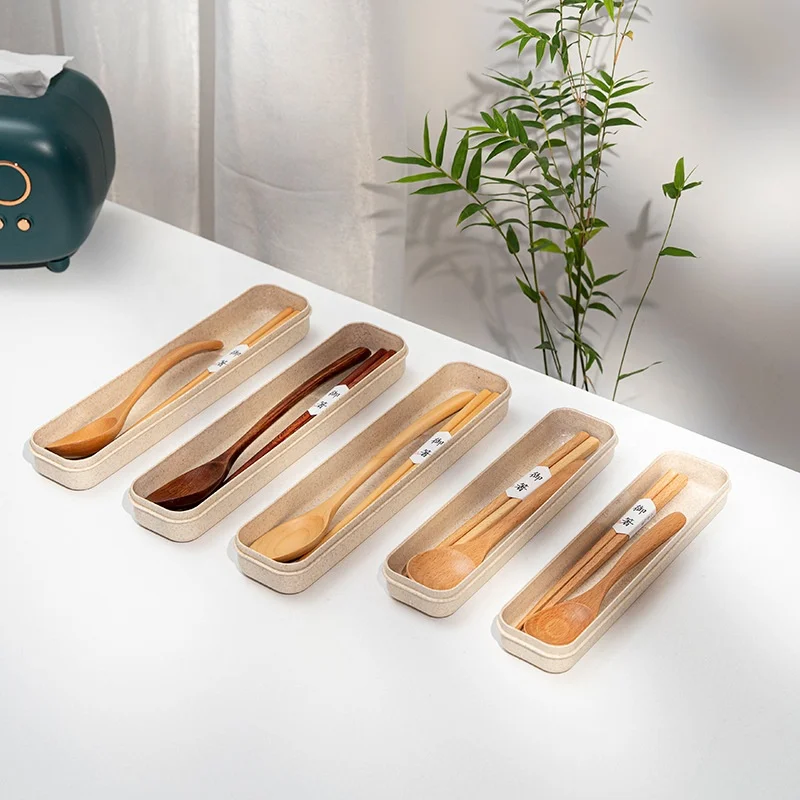 Chopsticks Spoon Travel Utensils Reusable Portable Wooden Cutlery set with Wheat Straw Case