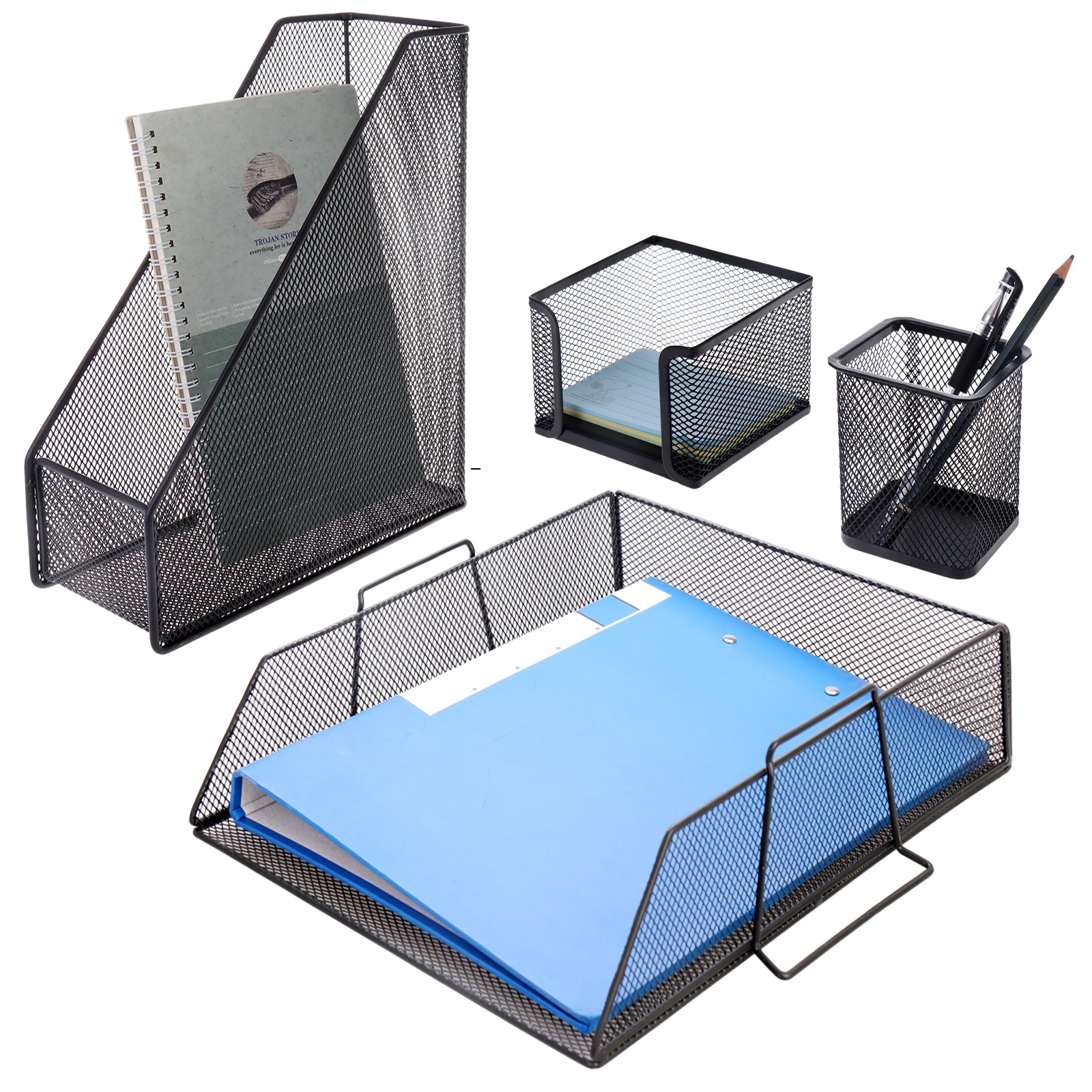 4-Pieces organizer Office table desk set Supplies black metal mesh Desk Organizer Set
