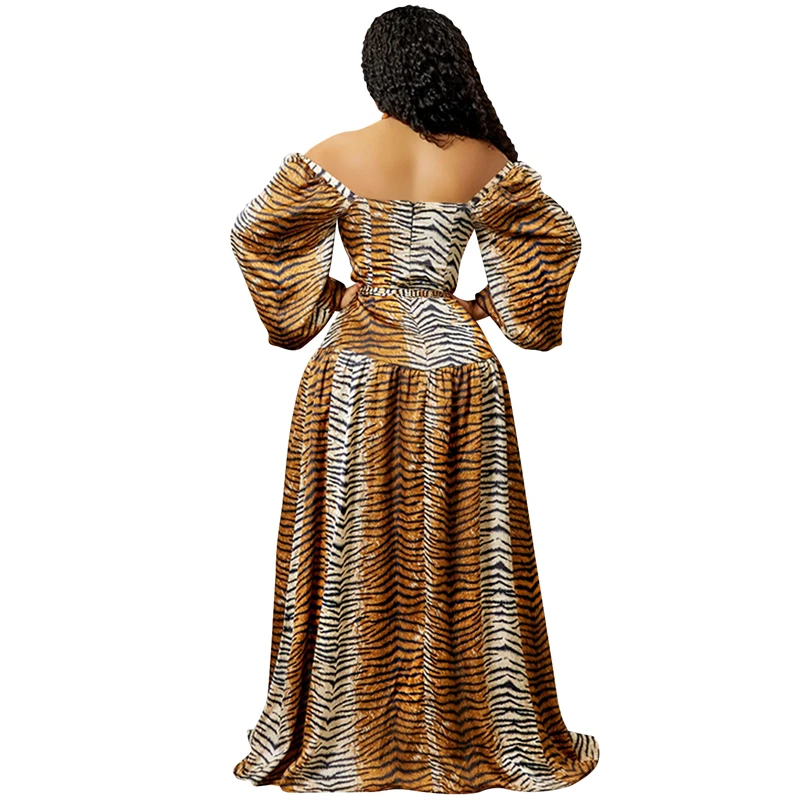 2022 fall new arrivals ladies women sexy tigere striped leopard print long sleeve off shoulder maxi long dress long sleeve