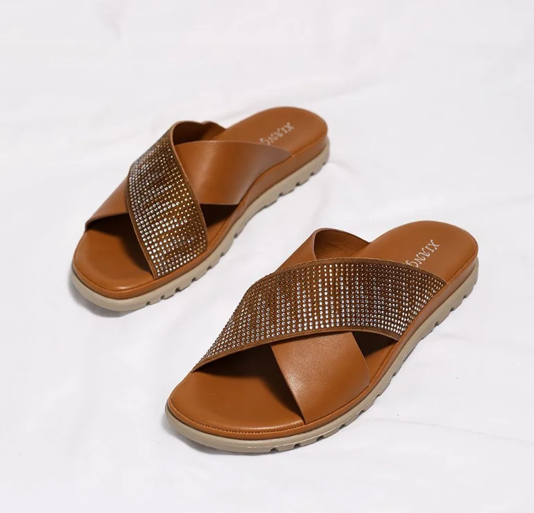 Rhinestone glitter sandals summer new women flat slippers comfortable leather design style ladies shoes