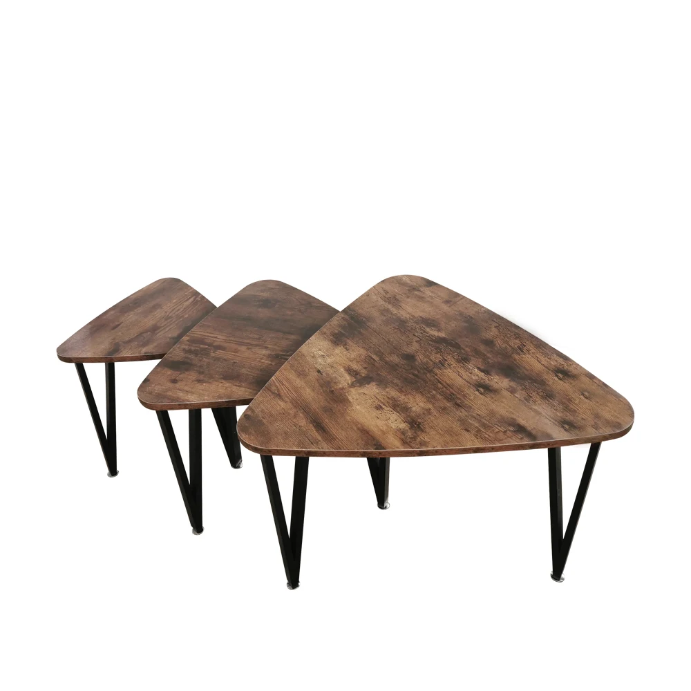 ZJH Classic Set of 3 Rustic Small Coffee Table Simple Wood Top Iron Base Side Table