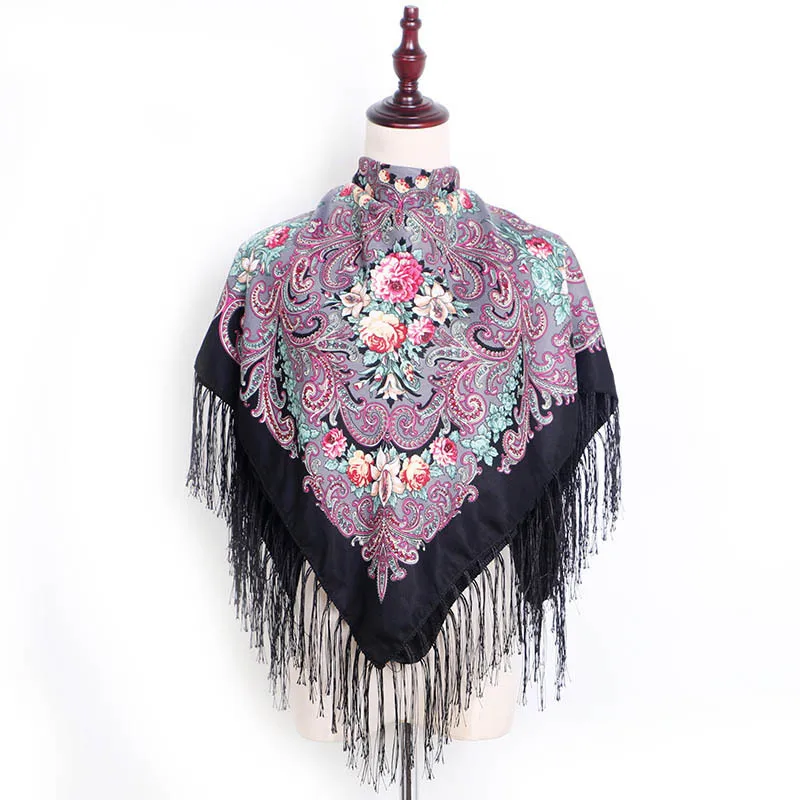 Top Selling Polyester Lurex Ladies Pashmina Russia Flower Printing Cotton Shawl Tassel Scarfs for Winter