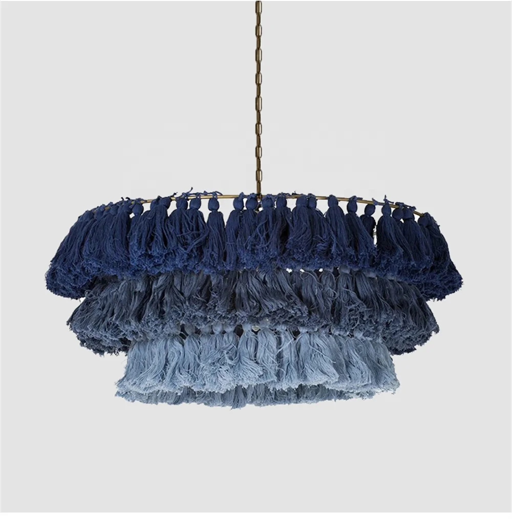 Biumart 3 Tier Tassel Chandelier Hand Weaving Rope Hanging Lamp Office Pendant Modern Lamp for Shop