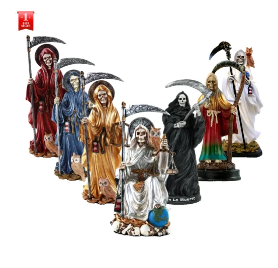 Holy Death Religious Robe | Skeleton Statue Standing Santa Muerte Holding Scythe and Scales of Justice with Wise Owl Figurine
