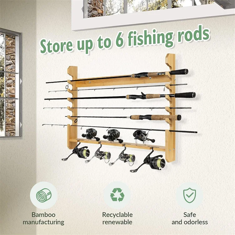 Lightweight Wooden 24 Holes Fishing Display Support Storage Stand Fishing Pole Racks Wall Mounted Bamboo Fishing Rod Holder
