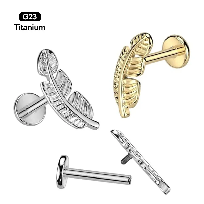 Astm F136 Titanium Internally Threaded Flat Back Feather Nose Tragus Labret Piercing Jewelry