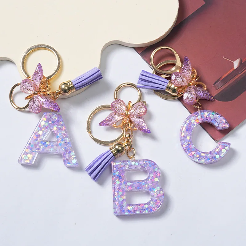 Fashion Alphabet Initial Letter Keychain Tassel Butterfly Pendant Key Ring for Purse Handbags Women Girl