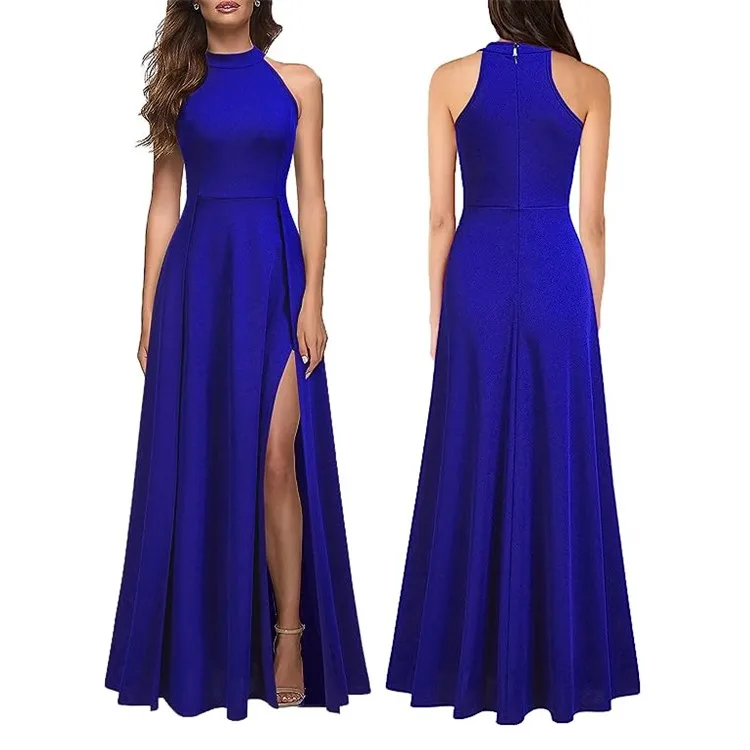 New Style Sleeveless Leg Open Satin  Evening Dress Dresses Women Lady Elegant