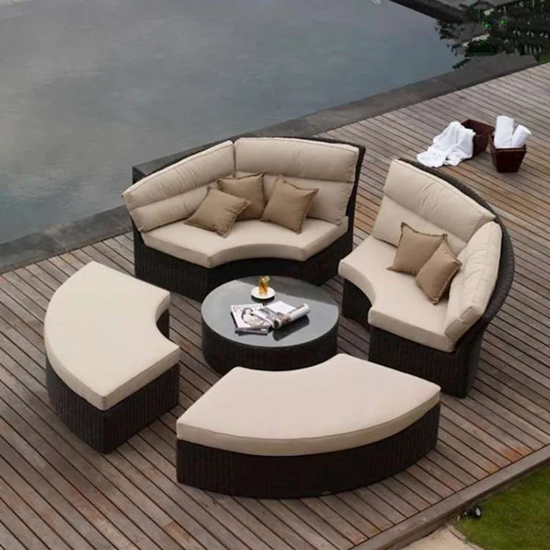 Modern Leisure Garden Patio Balcony Outdoor Furniture Sets Rattan Sectional Outdoor Round Sofa Sets for Hotel Swimming Pool