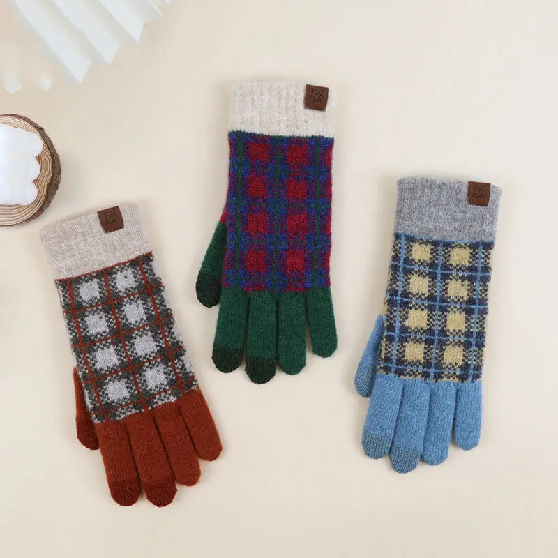 Cheap Winter Neutral Plaid Touch Screen Gloves Thickened Keep Warm Acrylic Knit Gloves