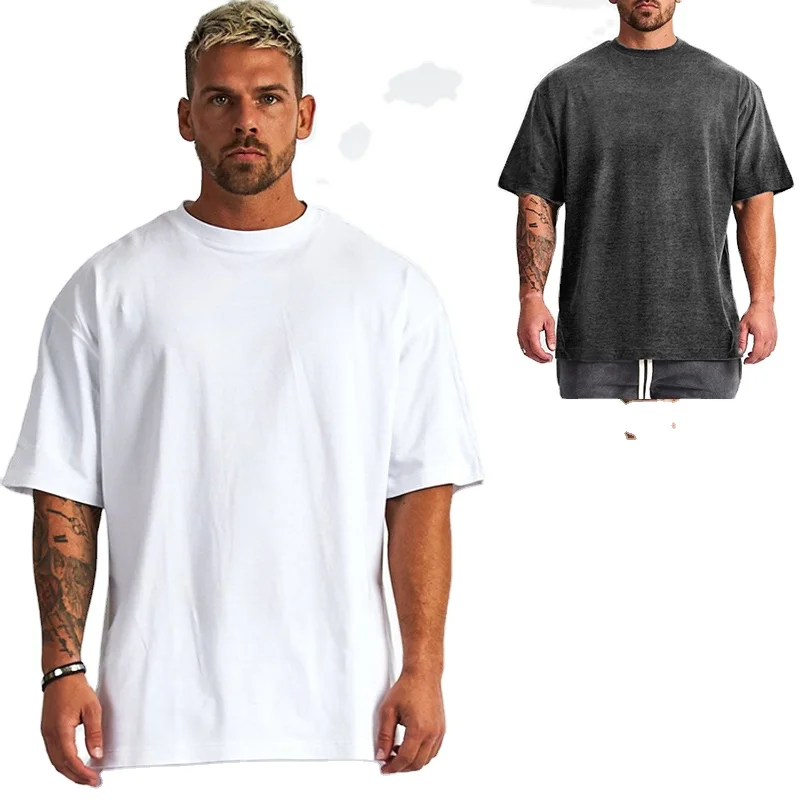 Custom Mens Big Tall Blank Drop Shoulder Sleeve Gym T-shirt Cotton Plain Fat tshirts Round Collar White Loose Cotton T-shirts